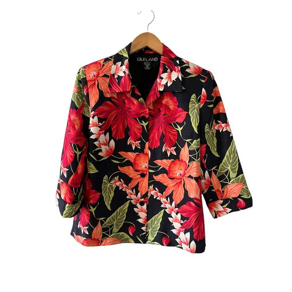 Vintage Silkland Floral Hibiscus print silk blazer M - Picture 1 of 5